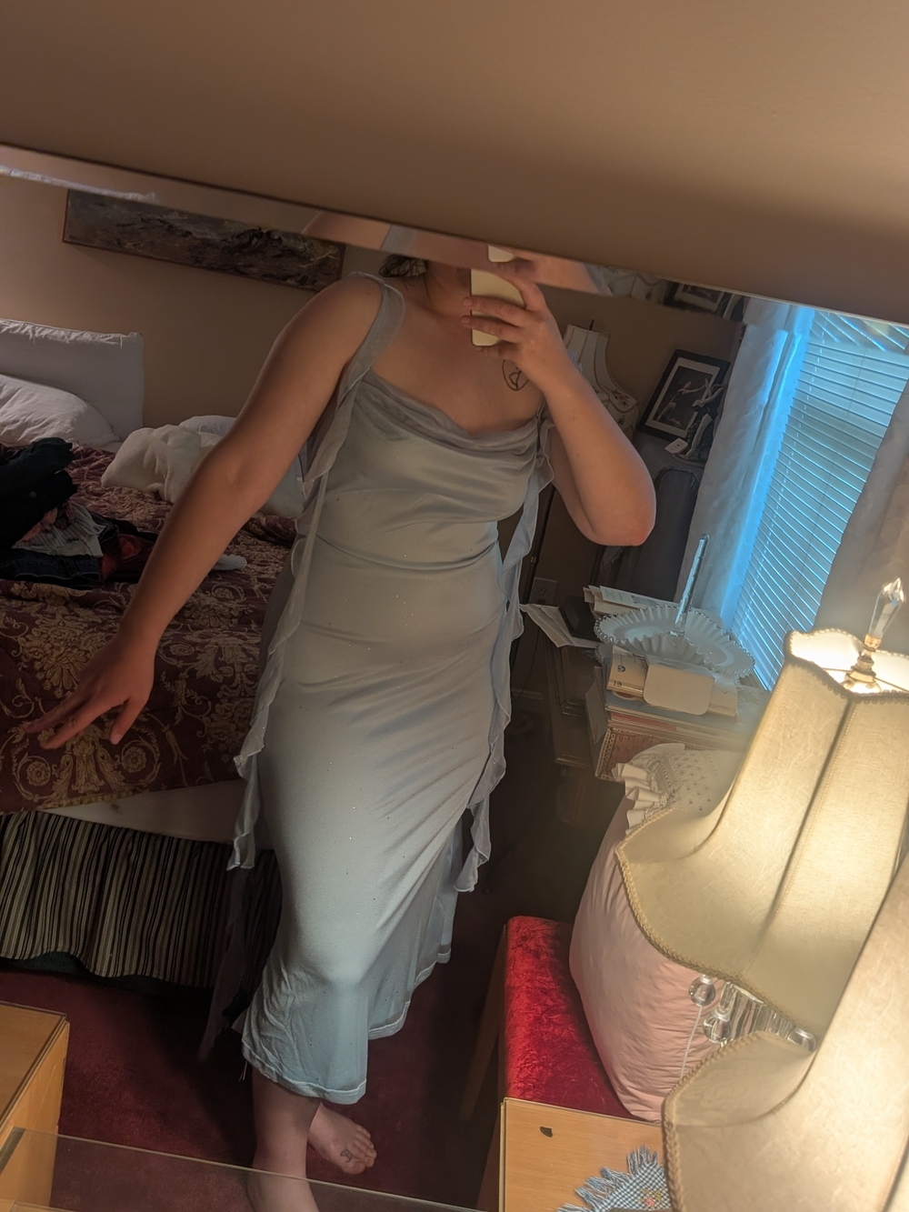 Elegant Light Blue Cowl Neck Midi Dress